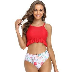 SHEKINI Womens SMALL Red Floral High Neck Ruffle High Waist BIKINI Swimsuit NWT